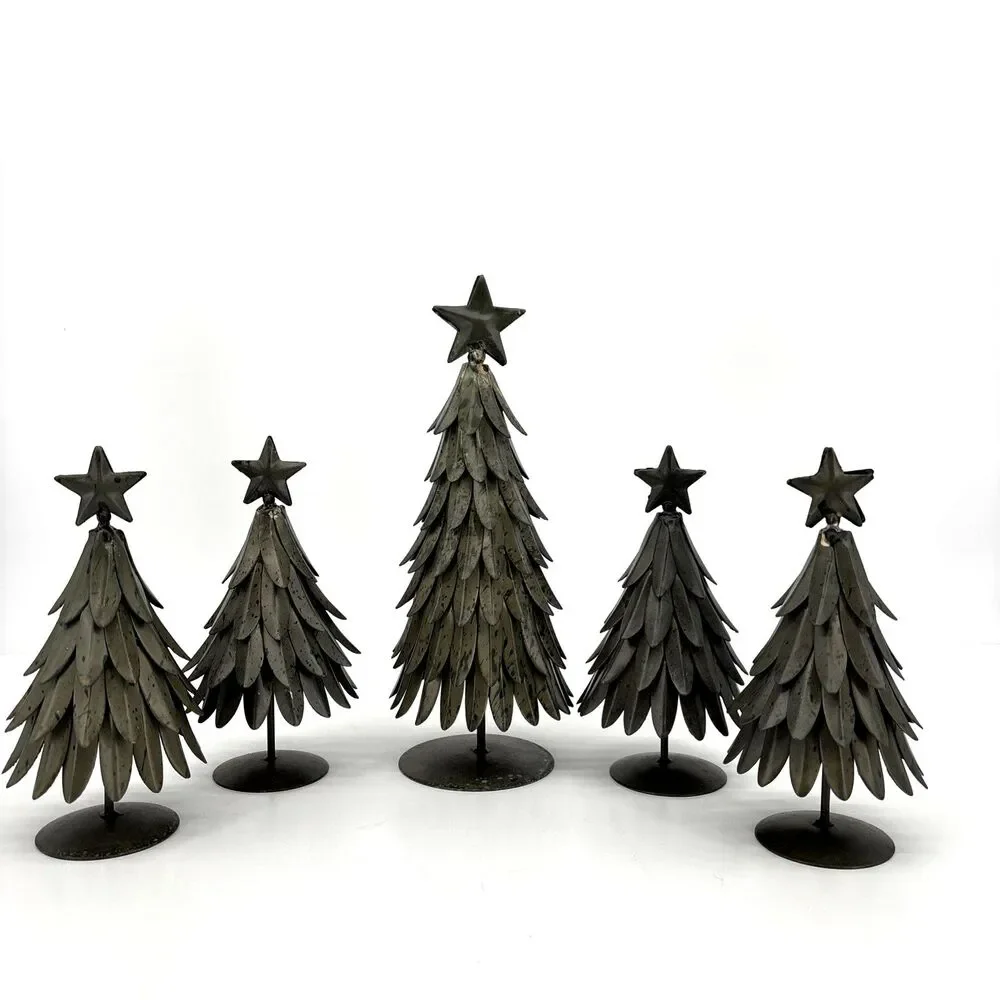 Set of 5 POTTERY BARN Galvanized Village Star Topped Trees Small & Large VTG